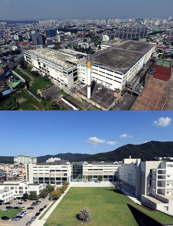 한때 한국에서 가장 큰 규모의 담배공장이었으나 폐건물로 방치됐던 청주연초제조창(위 사진)의 모습과 리모델링해 국립현대미술관 청주관과 문화제조창으로 변모한 현재 모습. ⓒ청주시활성화재단