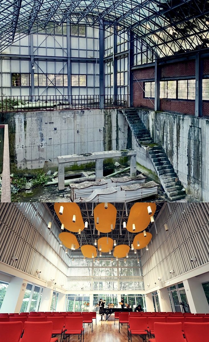 30년 가까이 방치된 하수처리장(위 사진)은 리모델링을 거쳐 뮤직홀·카페·휴게 공간이 마련된 문화공간으로 바뀌었다. ⓒ성남물빛정원