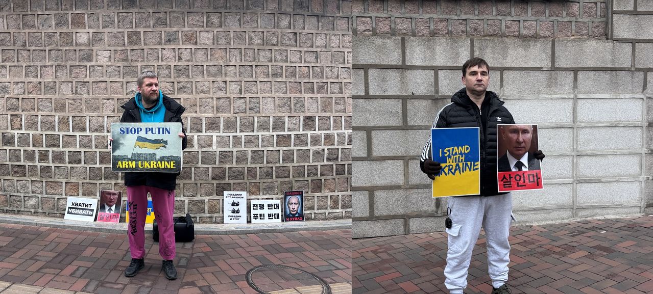 24일 주한 러시아대사관 인근에서 반정부 성향 러시아인들이 1인 시위를 벌이고 있다. 곽주영 기자