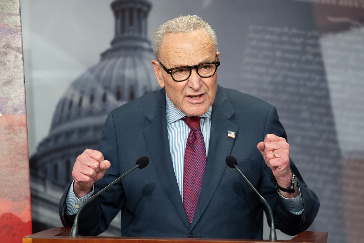 척 슈머 미국 민주당 연방 상원 원내대표가 지난 12일(현지시간) 워싱턴 DC 의회 의사당에서 기자회견을 하고 있다. AP=연합뉴스