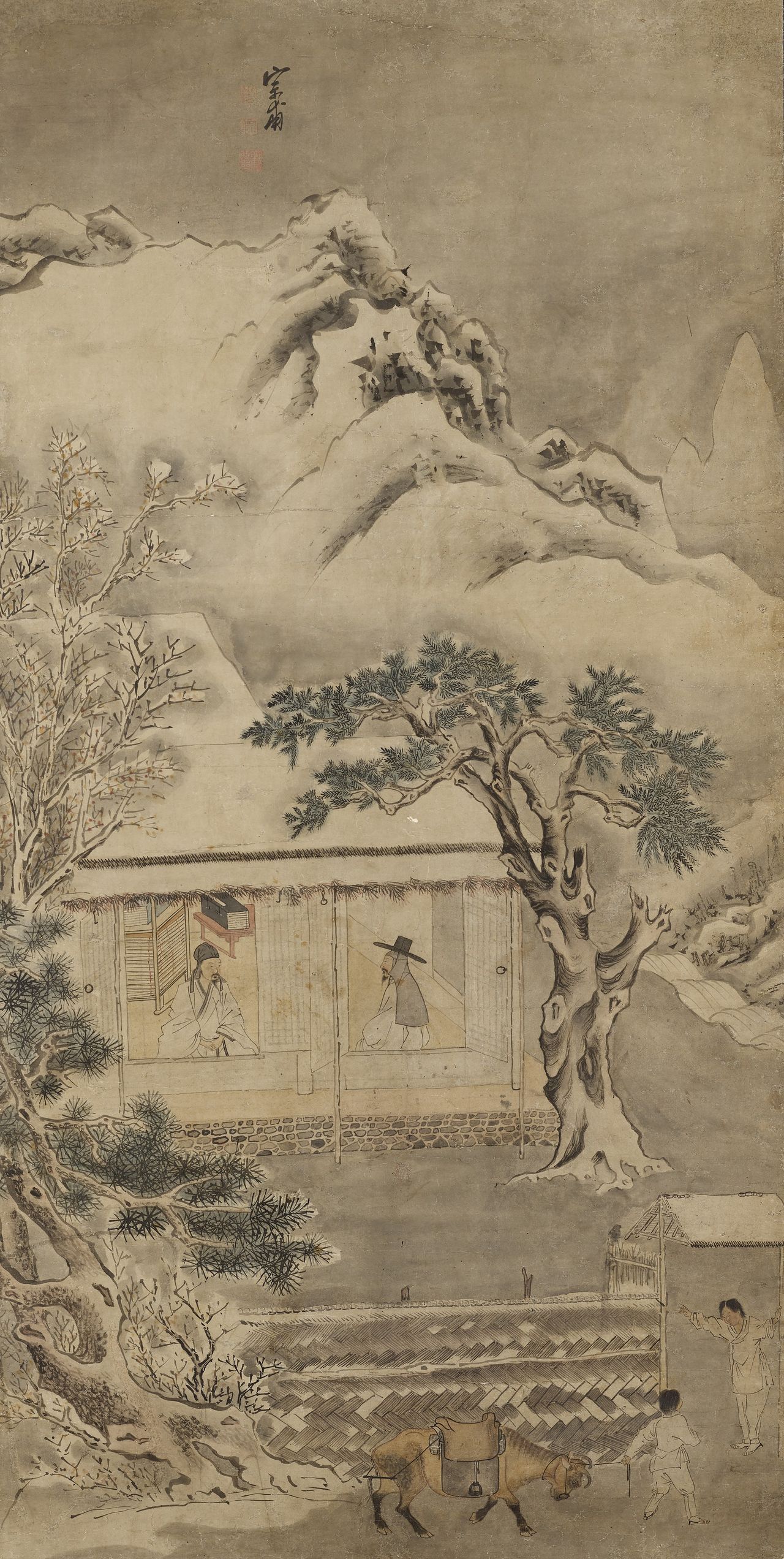 국립중앙박물관은 약 6개월 간의 공사를 거쳐 서화실의 전시 구성과 디자인을 새로 꾸몄다고 25일 밝혔다.   오는 26일 공개하는 '겸재 정선: 아! 우리 강산이여!'에서 정선의 오랜 벗이자 한국적 인물화와 풍속화의 새로운 지평을 연 조영석의 대표작도 함께 선보인다. 사진은 조영석 '설중방우도'. 사진 국립중앙박물관