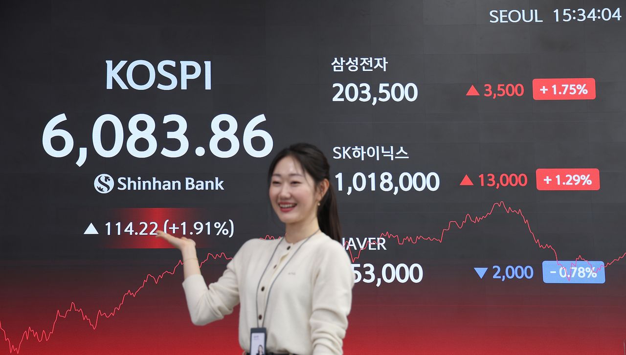 25일 서울 중구 신한은행 본점 현황판에 코스피 종가(6083.86)가 표시되고 있다. 이날 사상 첫 6000선을 밟았다. 신한은행 제공