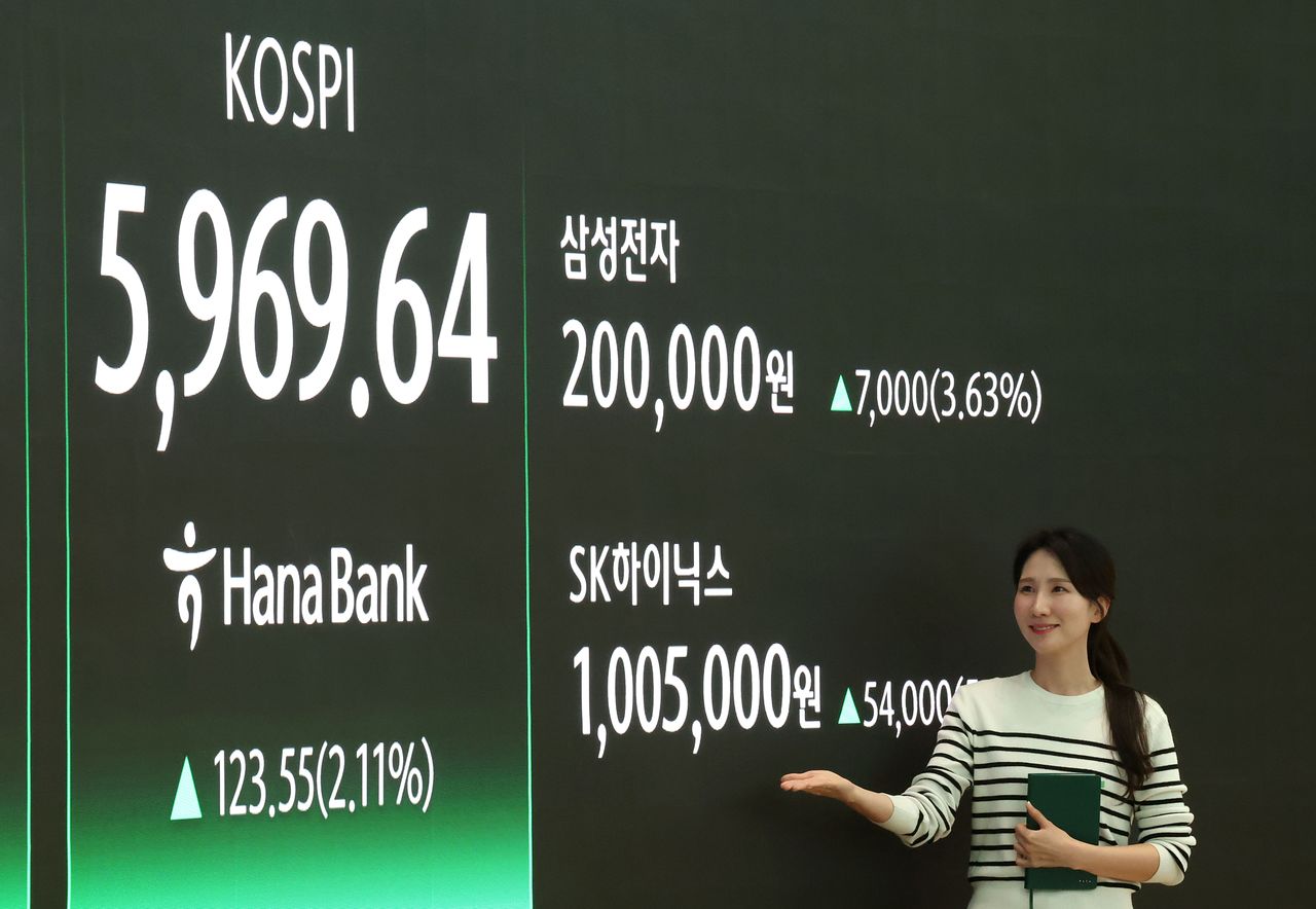 코스피가 사상 최고가를 또다시 경신한 24일 오후 서울 중구 하나은행 본점 딜링룸 현황판에 표시된 삼성전자와 SK하이닉스 종가. 이날 코스피는 전장대비 2.11% 상승한 5,969.64로 마감했다. 뉴스1