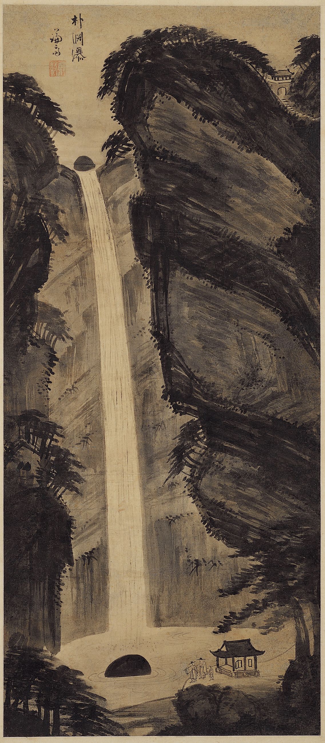 국립중앙박물관은 약 6개월 간의 공사를 거쳐 서화실의 전시 구성과 디자인을 새로 꾸몄다고 25일 밝혔다.   오는 26일 공개하는 '겸재 정선: 아! 우리 강산이여!'에서는 현재까지 알려진 정선의 작품 중 가장 이른 시기 작품으로 꼽히는 풍악도첩을 만날 수 있다. 사진은 정선 '박연폭포'. 사진 국립중앙박물관