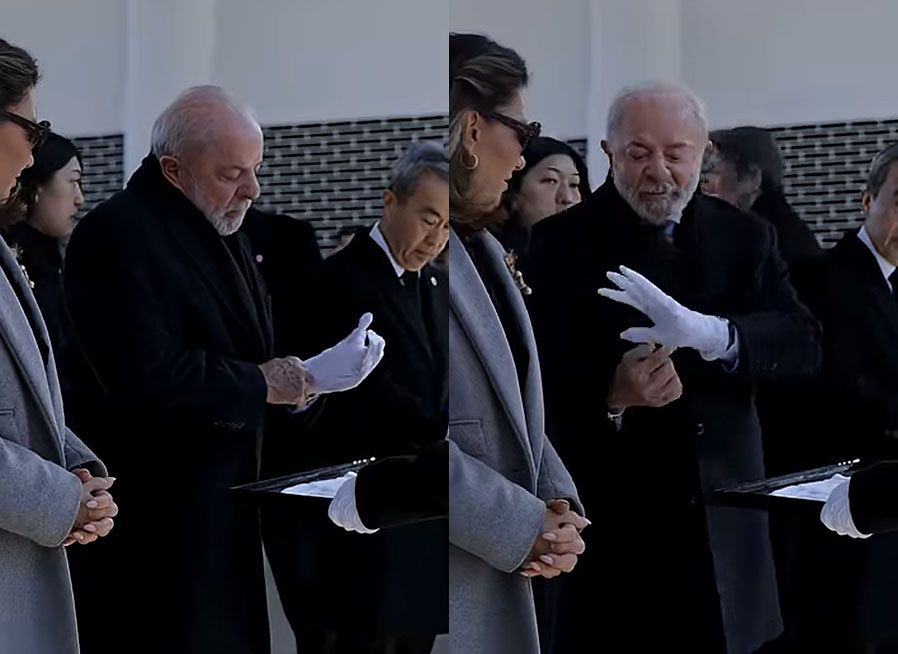 룰라 브라질 대통령이 방한 일정 중 지난 23일 현충원 참배 당시 장갑을 끼다 왼쪽 새끼손가락 부분이 없는 것을 보고 아내에게 말하는 모습. 사진 룰라 대통령 유튜브 캡처