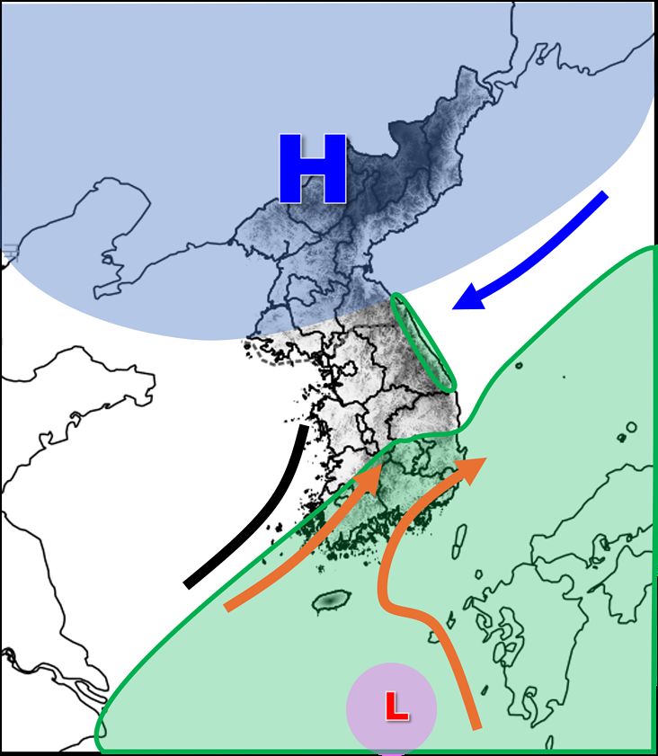 기상청은 "당분간 상층 찬 공기는 대규모로 남하하기보다는 대체로 고위도에 머물 것으로 예상된다"며 "당분간 남쪽 기압계가 우리나라의 날씨를 주도하는 경향이 될 것"이라고 전망했다. 다만 동풍과 남쪽 저기압이 자주 지나며 남부지방과 강원영동 지방은 비가 오고, 수도권과 강원영서 지방은 건조할 것으로 전망됐다. [기상청]