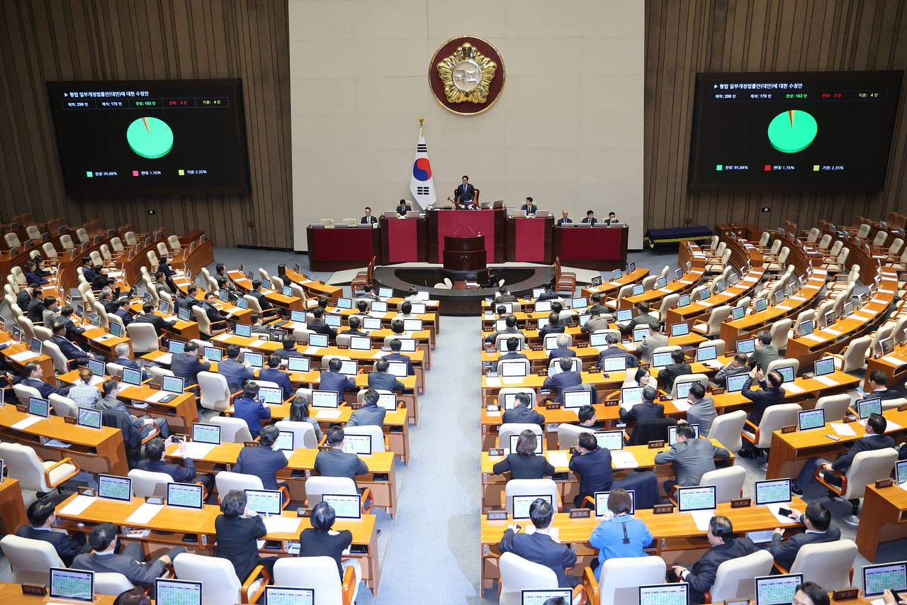 26일 서울 여의도 국회에서 열린 제432회 국회(임시회) 제8차 본회의에서 일명 '법 왜곡죄법'인 형법 일부개정법률안(수정안)이 가결되고 있다. 뉴스1