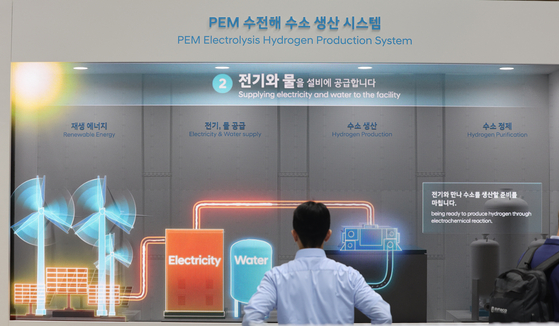 지난해 '세계 수소 엑스포 2025(월드 하이드로젠 엑스포)'에서 현대자동차 그룹 부스를 찾은 관람객이 PEM 수전해 수소 생산 시스템을 살펴보고 있다. 뉴스1