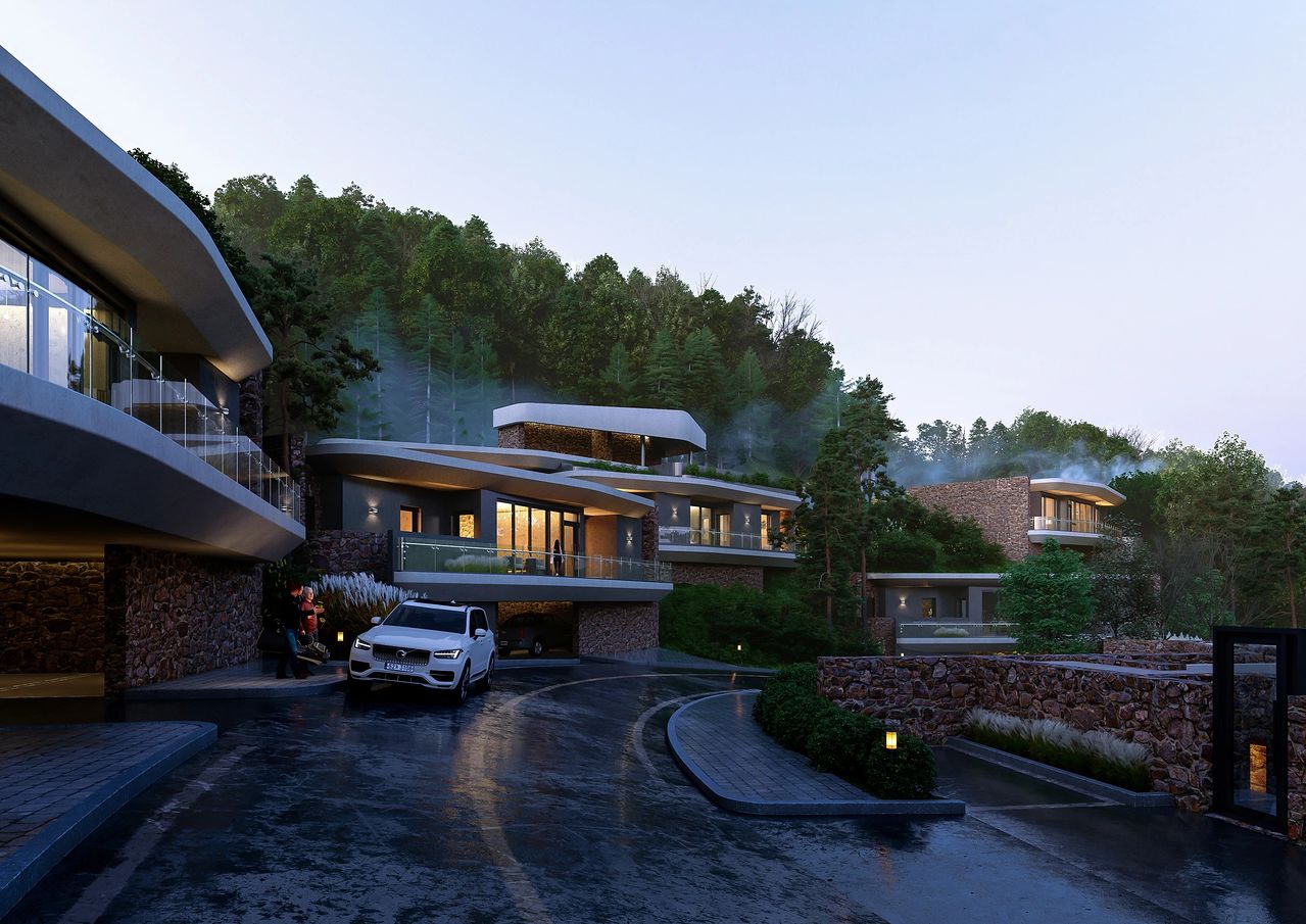 소나무 숲을 배경으로 산비탈에 들어선 세레니티 힐스 풀빌라 조감도. 이미지 세레니티 골프장