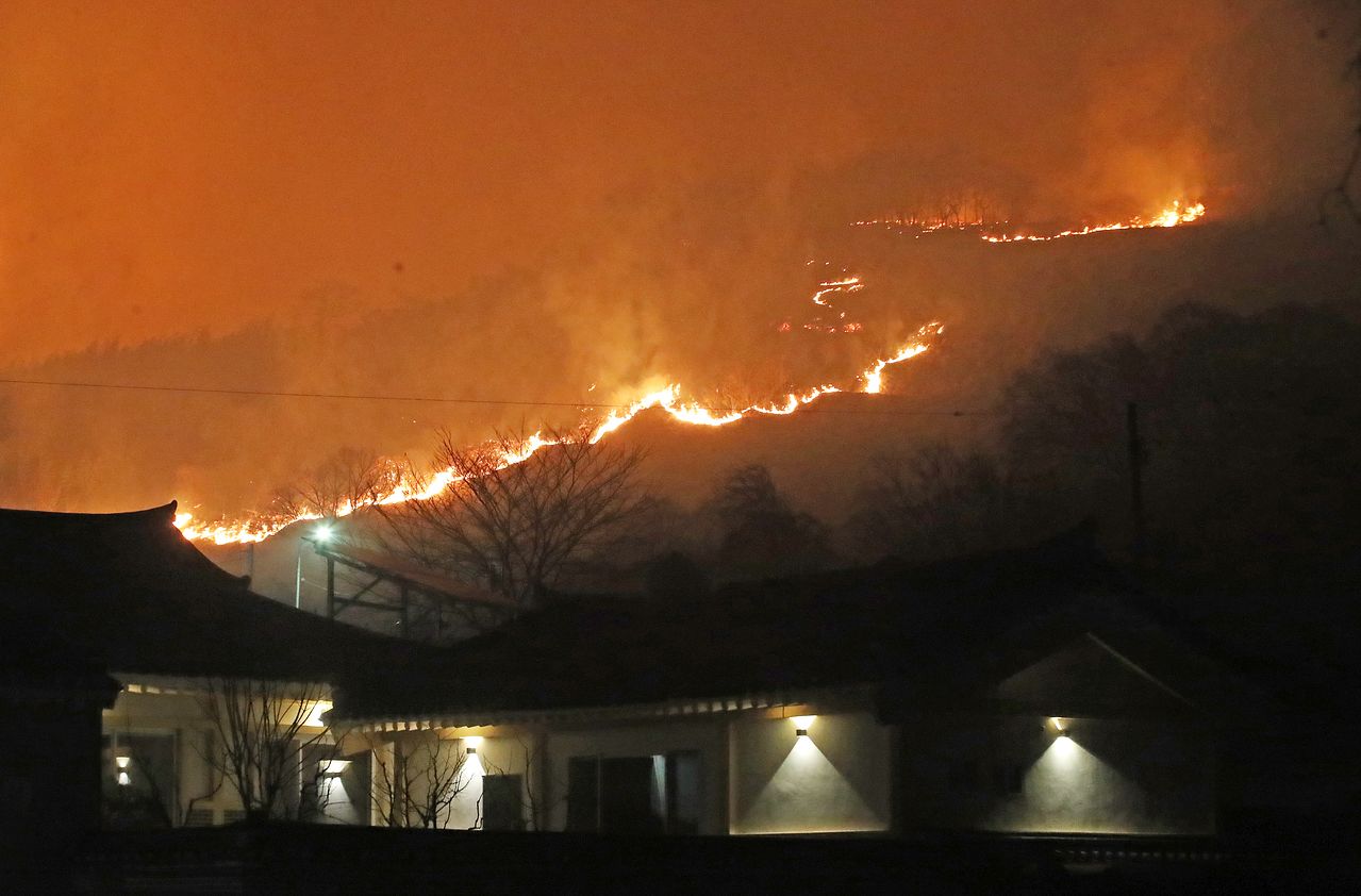 지난 23일 오후 경남 밀양 삼랑진읍 검세리 한 야산에서 발생한 산불이 강풍에 확산되고 있다. [뉴스1]