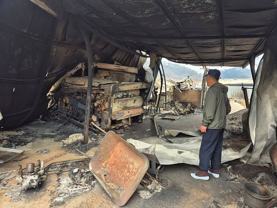지난해 3월 경북 안동시 임하면 임하1리에서 만난 한 주민이 전소된 집과 창고를 보면 한숨을 내쉬고 있다. 박진호 기자