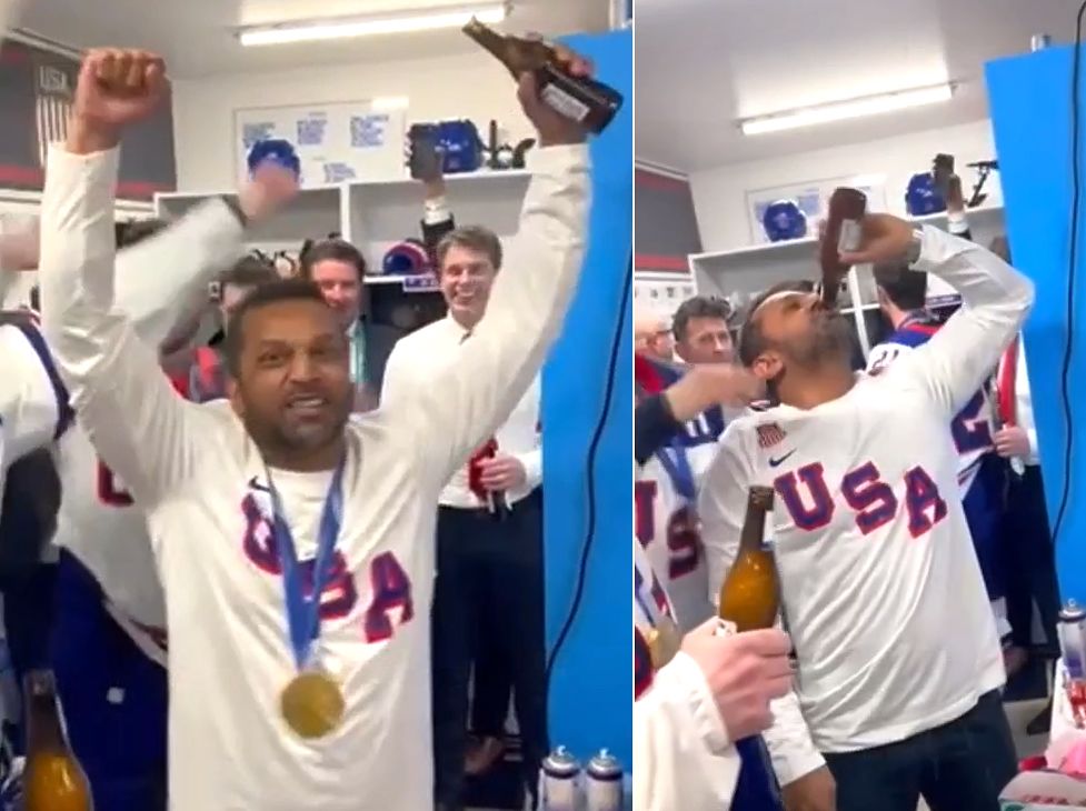 파텔 국장이 지난 22일 미국 남자 아이스하키 대표팀 승리를 축하하며 선수들과 함께 맥주를 마시고 있다. 사진 X 캡처