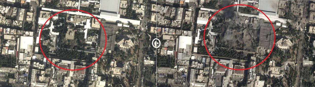 28일(현지시간) 미국과 이스라엘의 공습을 받은 이란의 최고지도자 하메네이의 거처를 찍은 위성사진. 공습 이후(오른쪽) 하메네이의 거처는 완전히 파괴된 상태로 검은 연기가 피어오르고 있다. CNN 홈페이지