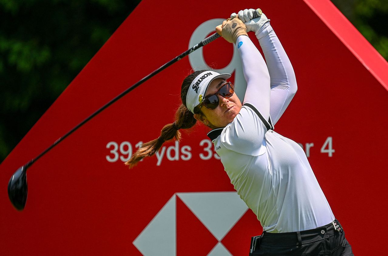 한나 그린이 1일 열린 LPGA 투어 HSBC 여자 월드 챔피언십 최종라운드 9번 홀에서 티샷을 하고 있다. AFP=연합뉴스