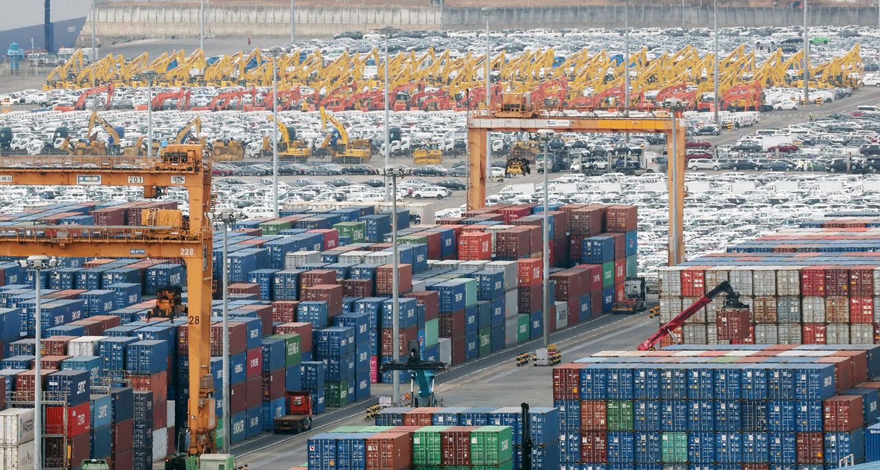 경기 평택시 포승읍 평택항에 수출용 컨테이너가 쌓여 있다. 뉴스1