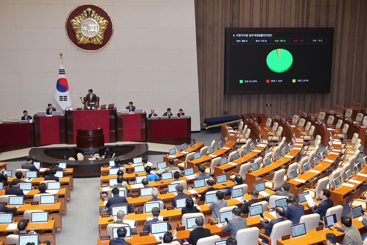 1일 서울 여의도 국회에서 열린 제432회 국회(임시회) 제8차 본회의에서 지방자치법 일부개정법률안(대안)이 가결되고 있다. 뉴스1