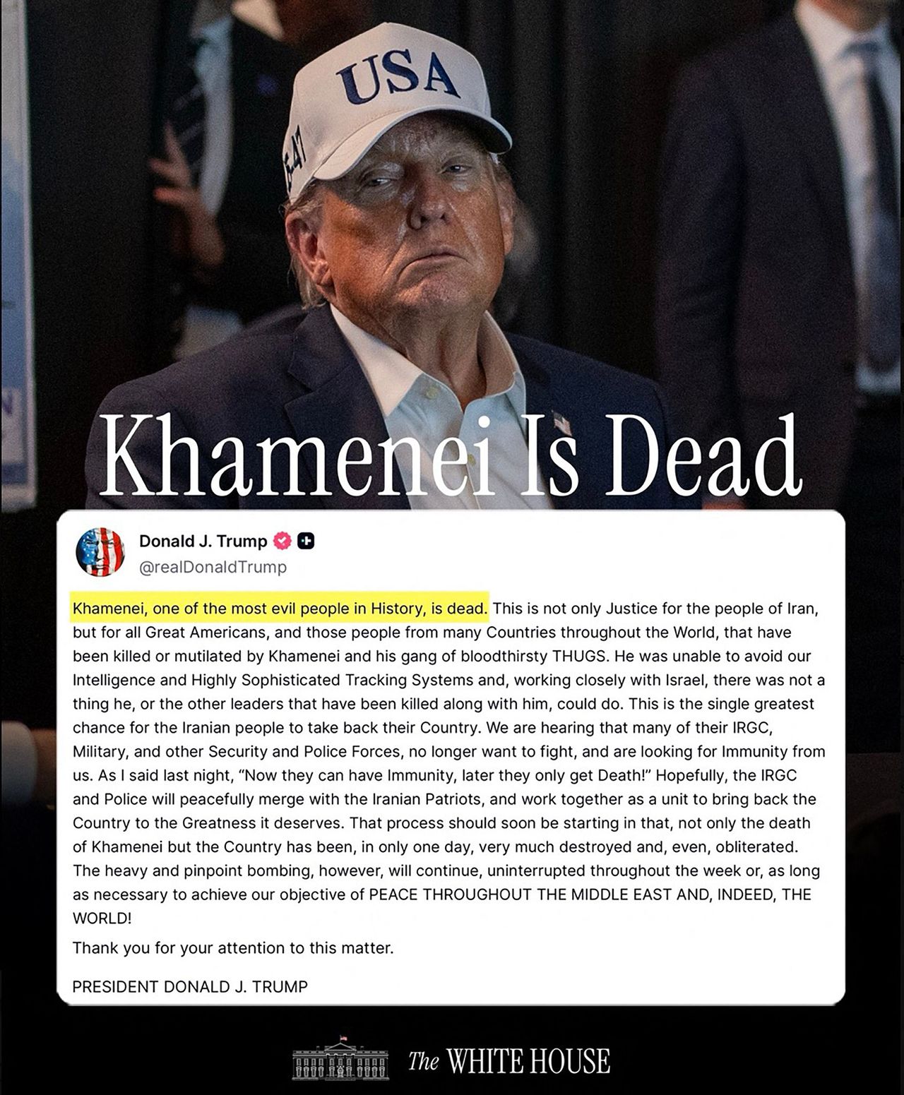 28일 백악관 공식 X 계정은 도널드 트럼프 미국 대통령이 이날 소셜미디어 트루스소셜에 올린 하메네이 사망 소식을 공유했다. AFP=연합뉴스