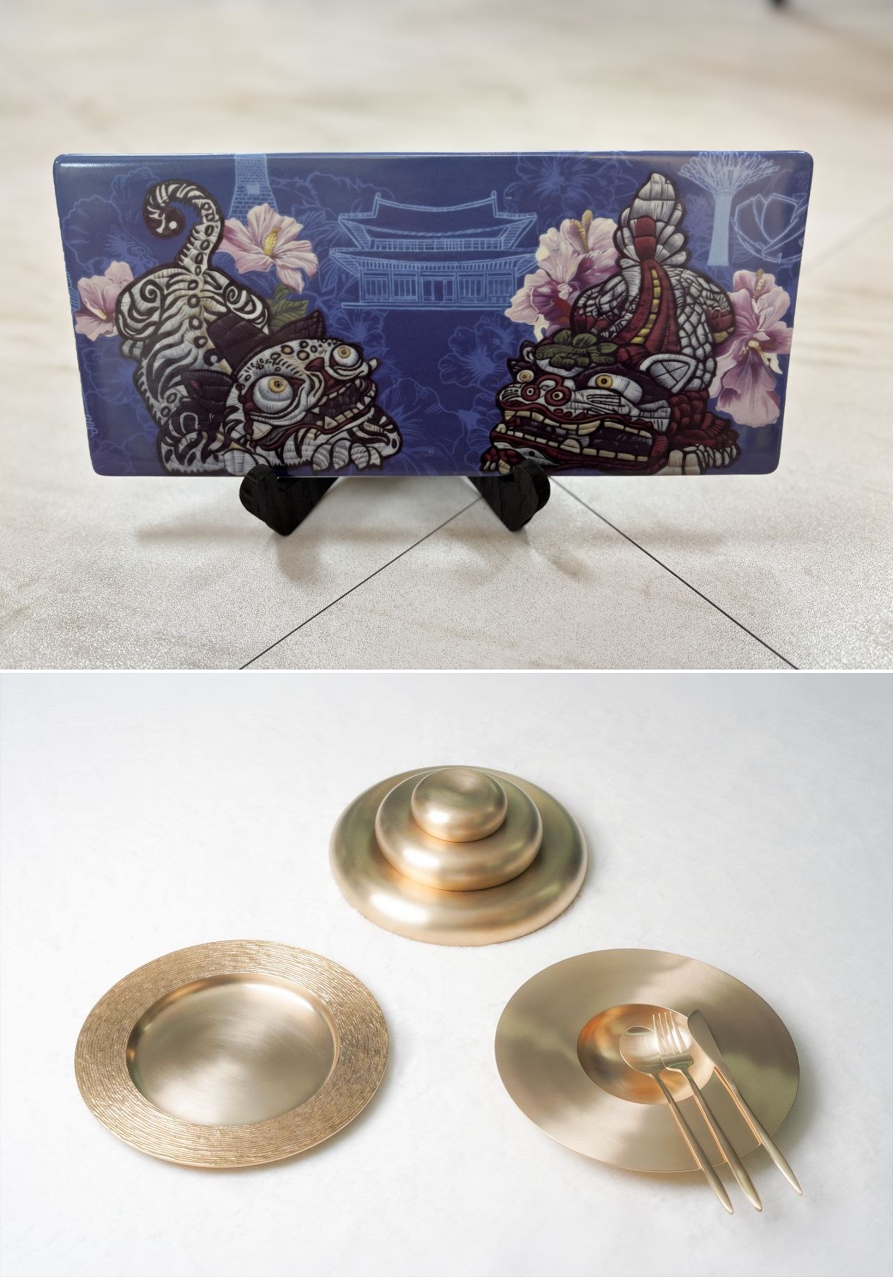 이재명 대통령이 2일 로런스 웡 싱가포르 총리 부부를 위해 준비한 선물. 웡 총리에게는 한국을 대표하는 호랑이와 싱가포르를 상징하는 사자를 담은 도자기 접시를, 루 즈 루이 여사에게는 한국 전통 유기 기법으로 제작한 서양 식기 세트를 선물했다. [사진 청와대] 