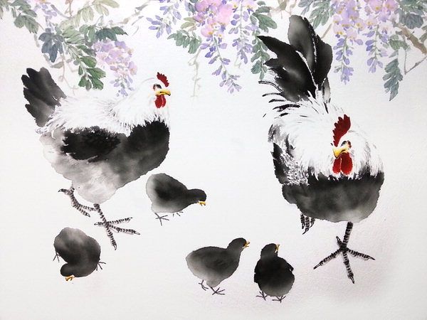 한국화가 김경현의 2017년 작품 ‘사계장춘’은 마을을 한가로이 노니는 닭 일가의 모습을 통해 평화로운 삶을 잘 보여준다. ⓒ열린사회희망연대