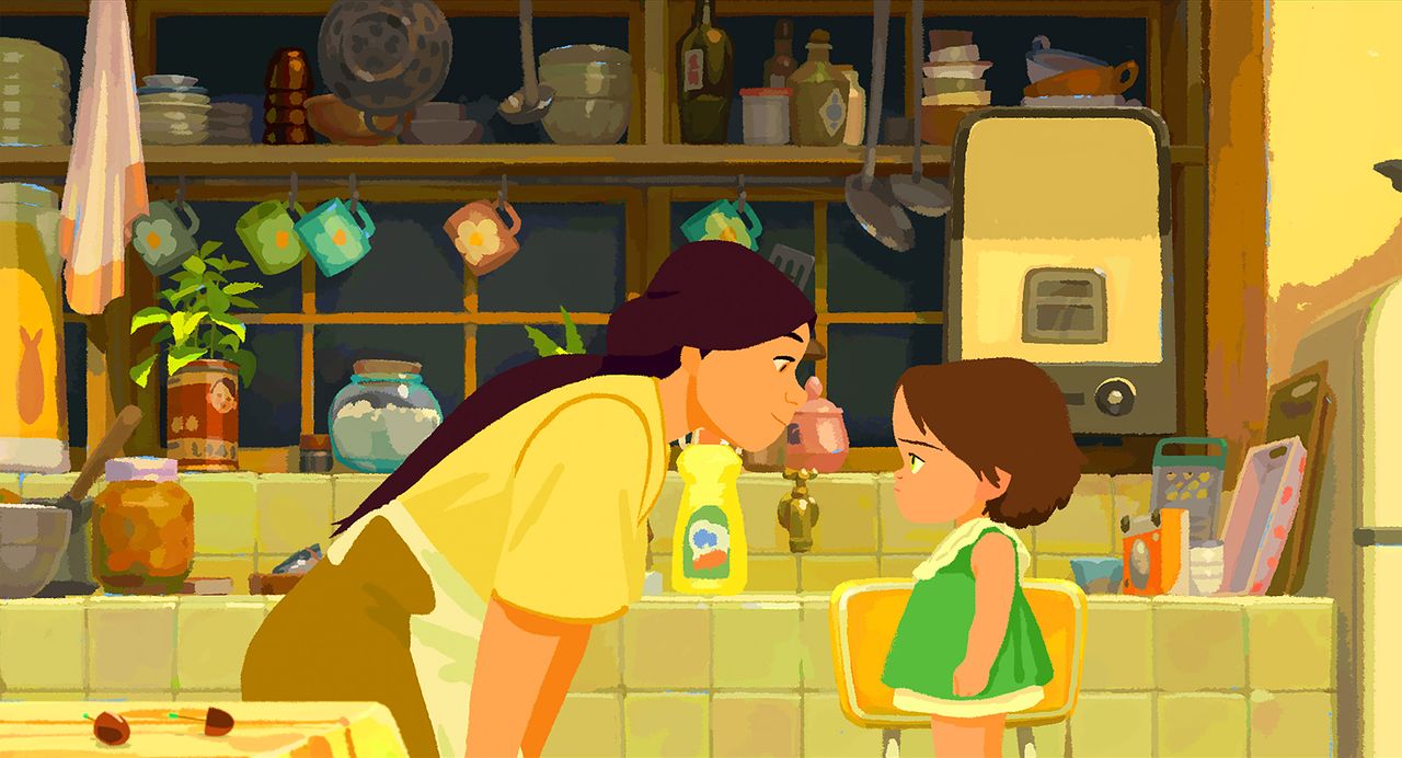 애니메이션 '리틀 아멜리' 속 한 장면. 일본인 가정부 니시오 이모(왼)가 아멜리와 눈을 맞추며 대화하고 있다, [영화사 진진]