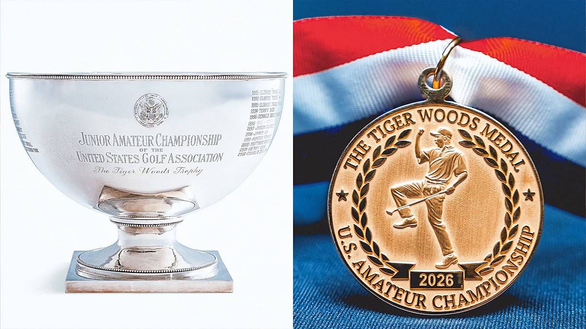 타이거 우즈 트로피와 메달로 이름을 붙인 US 주니어 아마추어 챔피언십 트로피(왼쪽 사진)와 US 아마추어 챔피언십 메달. [사진 USGA] 