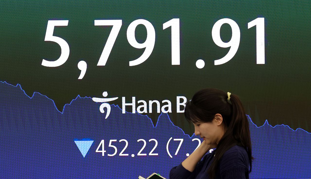 이란 공습 여파로 연휴를 마지고 지난 3일 개장한 코스피는 7% 이상 빠진 5791.91에 장을 마감했다. 하나은행 본점 딜링룸에 표시된 코스피 지수. 강정현 기자