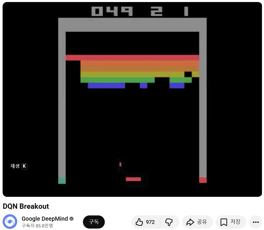 구글 딥마인드가 개발한 알고리즘인 DQN으로 벽돌 게임을 하는 영상. 사진 유튜브 캡처