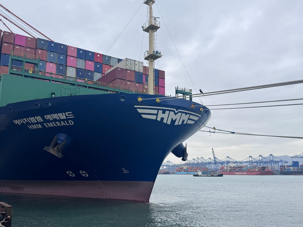 지난달 26일 HMM의 컨네이너선 '에메랄드호'가 부산신항 4부두에 정박해있다. 1만3000TEU(1TEU는 20피트 컨테이너 1개)급 대형 컨테이너선으로, 부산~미국 로스앤젤레스(LA)를 8주 주기로 왕복(미주 서안 노선)한다. 부산=고석현 기자
