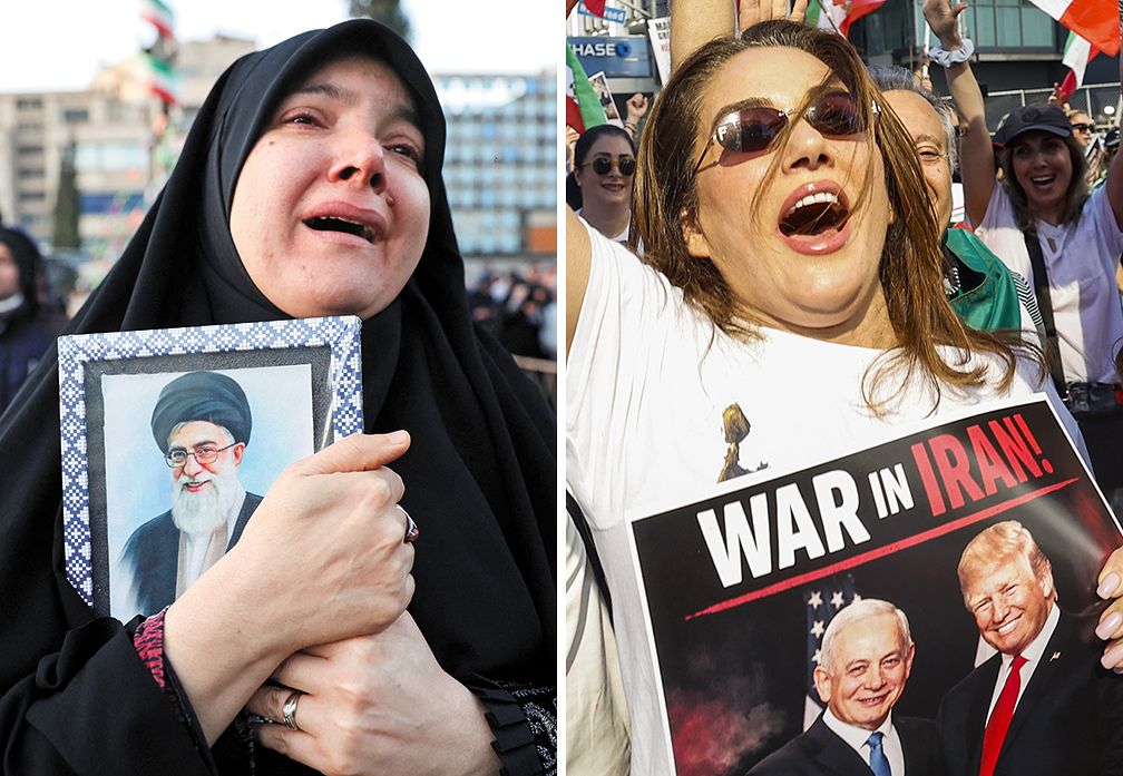 이란 수도 테헤란에서 한 여성이 미국·이스라엘의 공격으로 사망한 이란 최고지도자 아야톨라 알리 하메네이의 사진을 들고 울고 있다. 오른쪽 사진은 전날 미국에서 이란에 대한 공격을 환영하는 시위대 모습. 로이터=연합뉴스]