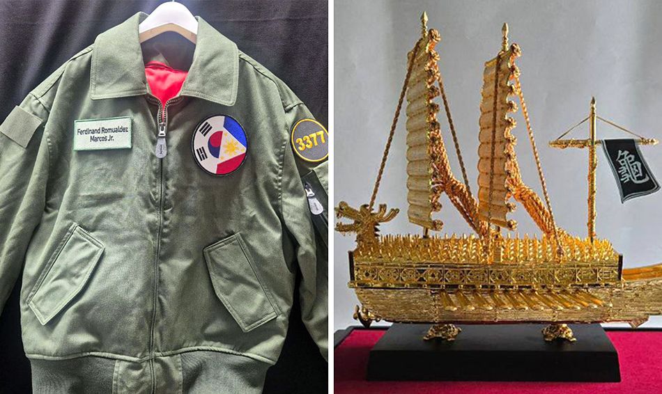 이재명 대통령이 마르코스 필리핀 대통령에게 선물한 항공점퍼와 거북선 모형. [사진 청와대]