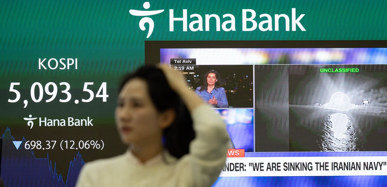 미국ㆍ이스라엘과 이란 간의 무력 충돌로 인해 이틀연속 코스피가 하락한 4일 오후 서울 중구 을지로 하나은행 본점에 코스피 지수가 표시돼 있다. 전민규 기자