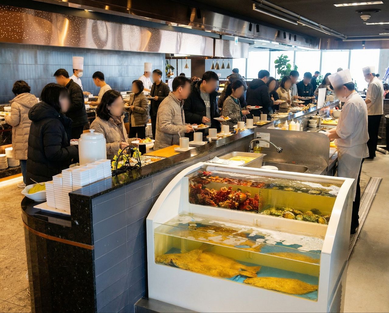 씨푸드 뷔페인 마키노차야는 매장 안에 있는 수조에서 관리한 활어를 바로 손질해서 회, 초밥 등으로 선보인다. 사진은 마키노차야 블랙31 잠실롯데타워점 전경. 사진 마키노차야 