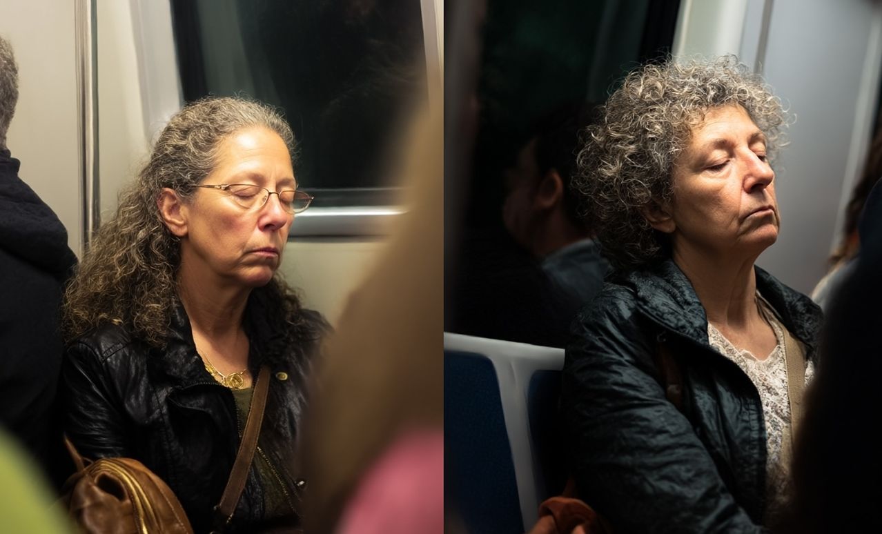 박민지씨가 이탈리아 유학 당시 밀라노 지하철에서 마주한 출퇴근 여성의 피로한 모습을 AI 이미지로 구현한 것. 패션의 성지 밀라노의 화려한 이미지 속에 가려진 일상을 채우는 여성들의 진짜 모습을 담고자 했다. 사진 박민지 제공