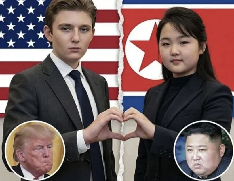  도널드 트럼프 대통령의 막내 아들 배런과 김정은 북한 국무위원장의 딸 김주애를 합성한 사진. 온라인 커뮤니티 캡쳐