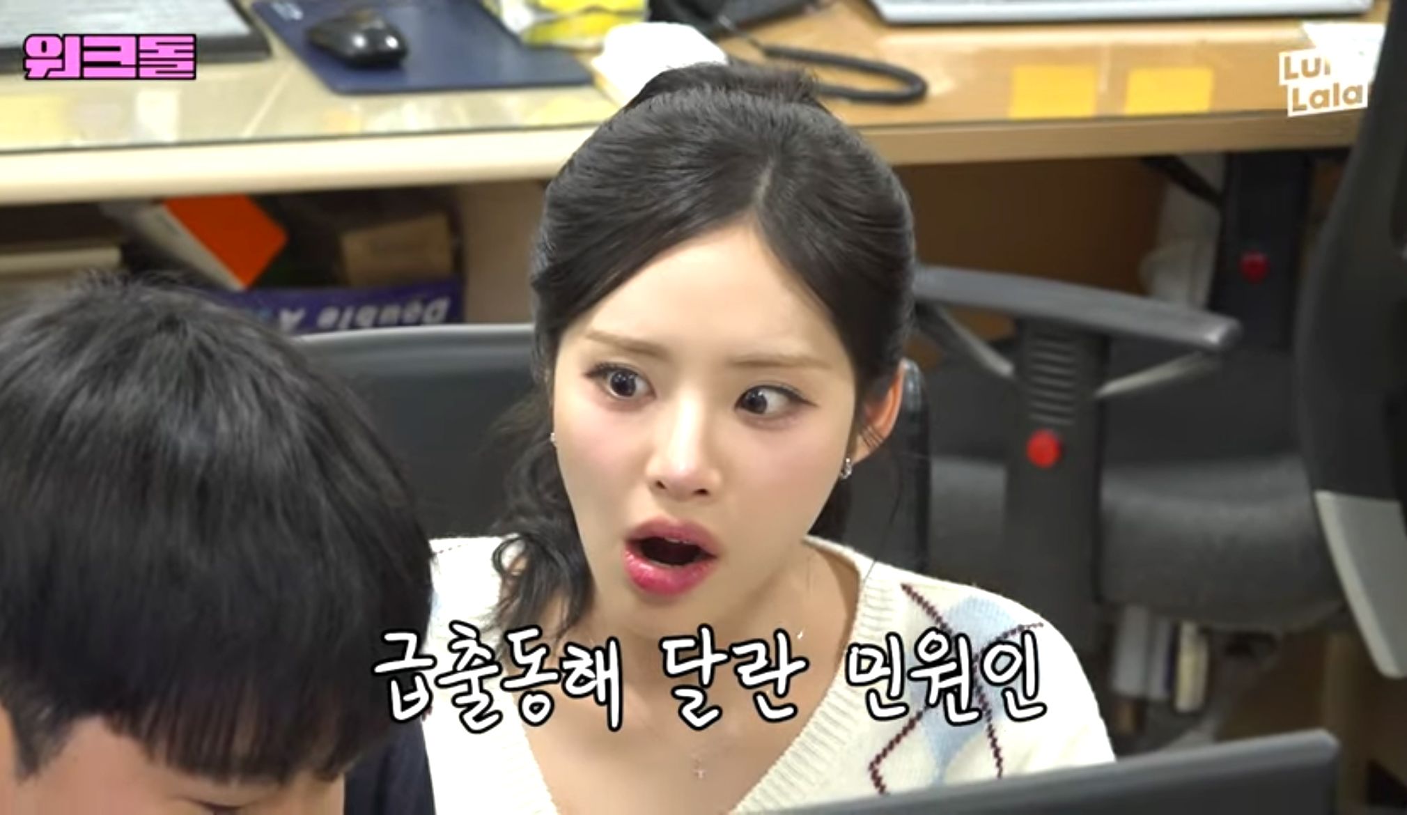 그룹 프로미스나인 멤버 지원이 경기 양주시 축산과 동물복지팀에서 아르바이트를 하는 모습. 사진 유튜브 캡처 