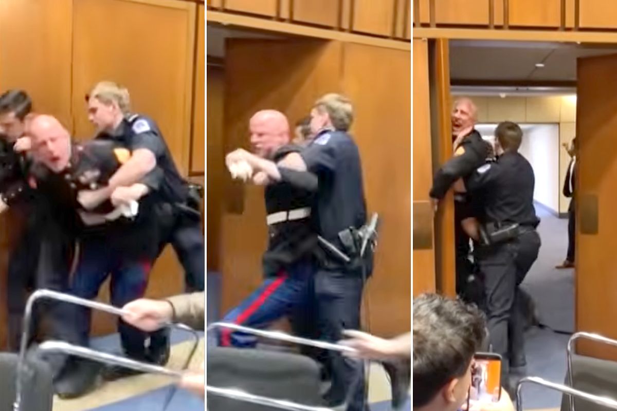 지난 4일(현지시간) 미 전직 해병대원이 연방 의회에서 열린 대이란 전쟁 관련 청문회 도중 전쟁에 반대하는 목소리를 내다 끌려나가고 있다. 사진 유튜브 캡처