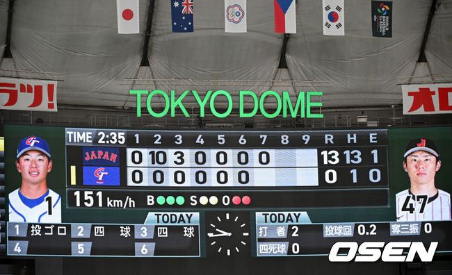 [OSEN=도쿄(일본), 손용호 기자] 월드베이스볼클래식(WBC) 2연패를 향한 일본의 첫 여정이 파괴적이었다. 대만을 5회 콜드게임으로 몰아붙이면서 완벽한 승리를 거뒀다.일본은 6일 일본 도쿄돔에서 열린 ‘2026 월드베이스볼클래식(WBC)’ 1라운드 C조 대만과의 첫 경기에서 13-0, 7회 콜드게임 승리를 거두며 완벽한 출발을 알렸다. 일본은 대회 첫 승을 거뒀고 대만은 2패로 탈락 위기에 몰렸다.7회까지 13점 차 리드를 기록한 일본 대표팀의 기록이 전광판에 표시돼 있다. 2026.03.06/spjj@osen.co.kr