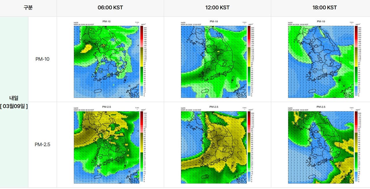 3월9일 시간대별(오전6시, 정오, 오후6시) 미세먼지(위)와 초미세먼지(아래) 이동경로. 초록색은 보통, 노란색은 나쁨 수준을 의미한다. [한국환경공단]