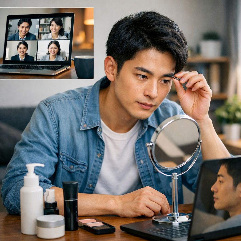 재택근무 중 화상회의를 하며 눈썹을 다듬고 있는 남성의 모습. 사진 챗gpt