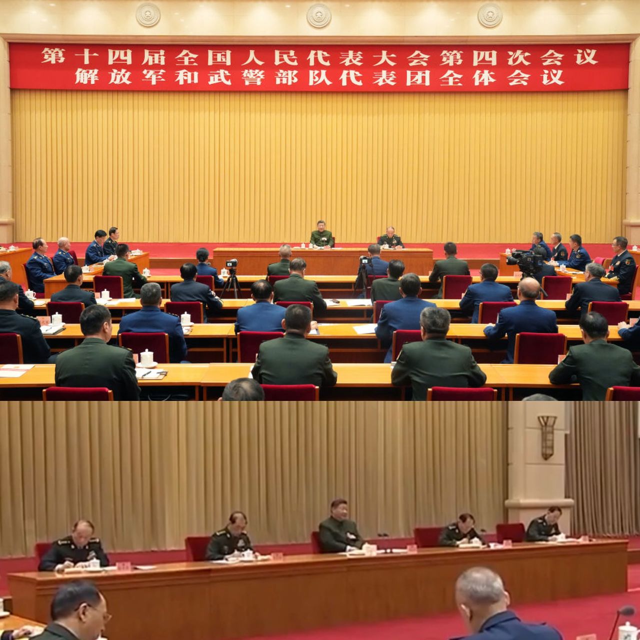 7일 시진핑 중국 국가주석이 제14기 전국인민대표대회 제4차회의 해방군 및 무경부대 대표단 전체회의에 참석해 발언하고 있다(사진 위). 시 주석 옆으로 장성민 군사위 부주석만 배석했다. 지난해 같은 회의에는 장성민, 허웨이둥, 시 주석, 장유샤, 류전리(아래 사진 왼쪽부터) 등 14기 중화인민공화국 중앙군사위 위원 5명이 자리했다. 사진 신화통신, CC-TV 캡처 