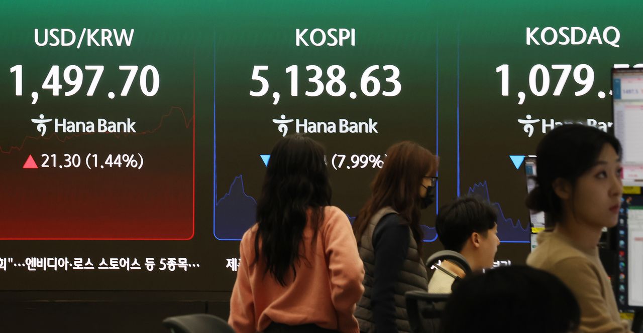  9일 서울 중구 하나은행 본점 딜링룸에 코스피 등이 표시돼 있다. 이날 코스피는 하락 출발해 장 초반 5200대까지 내려앉았다. 연합뉴스