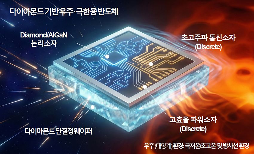 ▲ 방사선 및 초고온 등 우주극한 환경에서 우수한 특성을 갖는 다이아몬드 기반 반도체