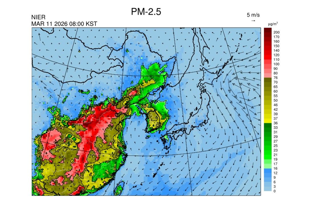 11일 오전 8시 기준 초미세먼지(PM2.5) 예측도. [한국환경공단]