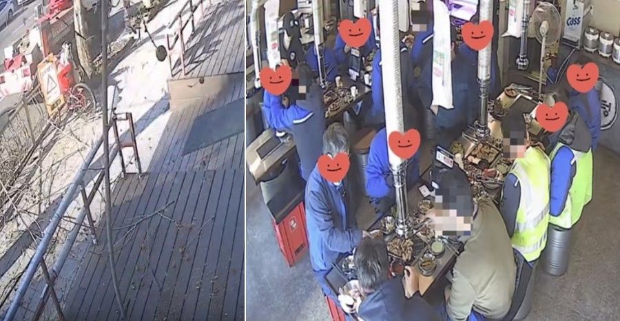 서울 양천구 한 고깃집 입구에 설치된 나무 데크(왼쪽), 인부들이 고깃집에 찾아와 식사하는 모습(오른쪽). 사진 스레드 캡처