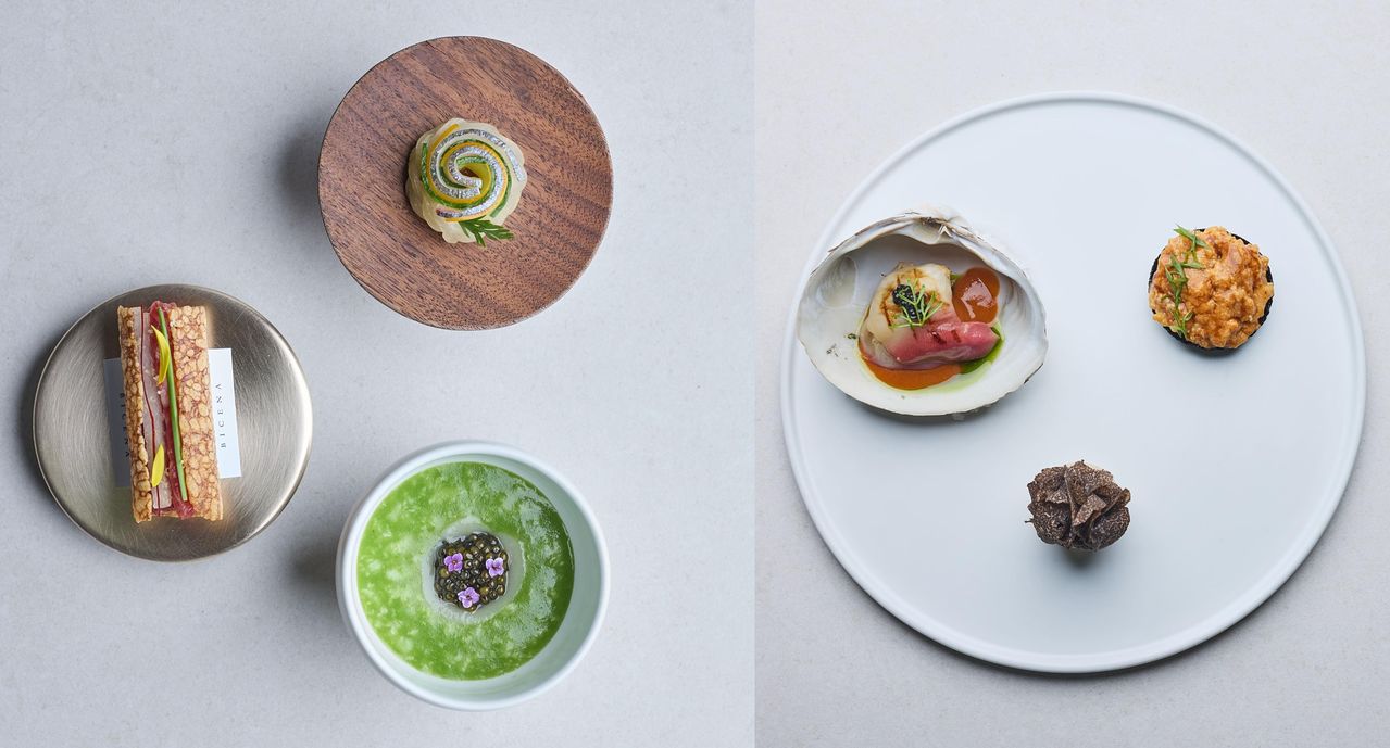 세 명의 셰프가 준비한 한 입 거리는 이질감 없이 조화로웠다. 사진 왼쪽은 냉이죽, 줄전갱이회, 약밥부각, 오른쪽은 증편, 성게비빔밥, 웅피조개구이. 사진 가온소사이어티