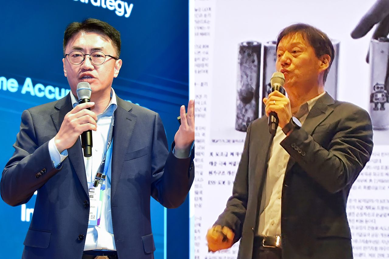 김제영 LG엔솔 최고기술책임자(CTO, 왼쪽)과 주용락 삼성SDI 연구소장은 11일 '인터배터리 2026'의 부대행사인 더배터리컨퍼런스에서 각각 기조연설 연사로 나섰다. 고석현 기자, 사진 LG엔솔