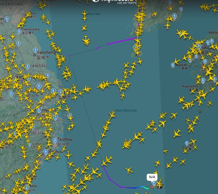 미 육군의 최신 정찰기 아레스가 지난 9일 캠프 험프리스를 출발해 서해와 대만 북부 해역까지 진출한 모습. 플라이트레이더24 캡처