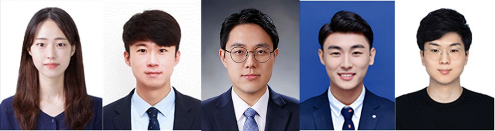 (왼쪽부터) 한양대학교 에너지공학과 이다슬 박사, 한양대학교 에너지공학과 김영훈 교수, 한양대학교 화학공학과 염봉준 교수, 한국과학기술연구원 반도체기술연구단 황인국 박사, 한국과학기술연구원 반도체기술연구단 백승헌 박사