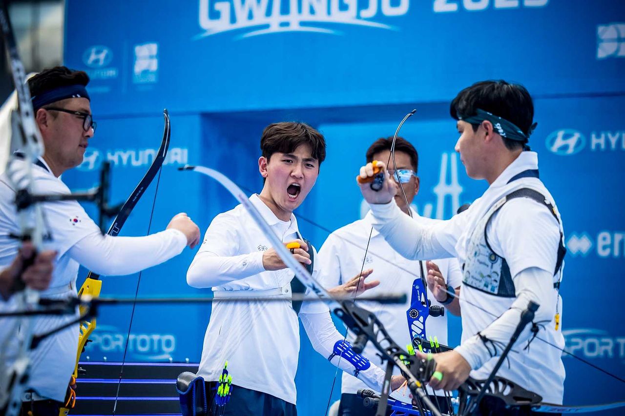 2025 양궁 리커브 남자 국가대표 김우진, 김제덕, 이우석. 사진 대한양궁협회