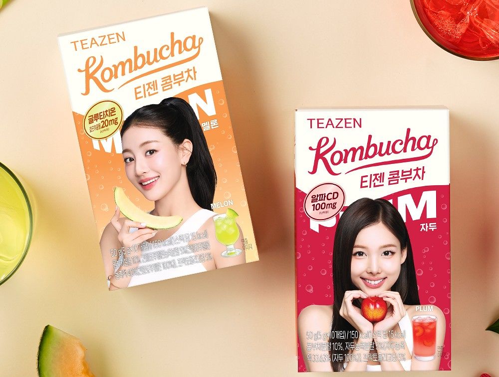 티젠이 자두와 멜론 맛을 담은 봄 시즌 콤부차 신제품 2종을 선보였다. 사진 티젠